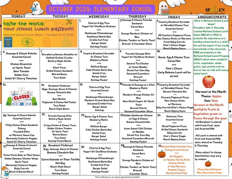 Lunch Menu for the Month of October