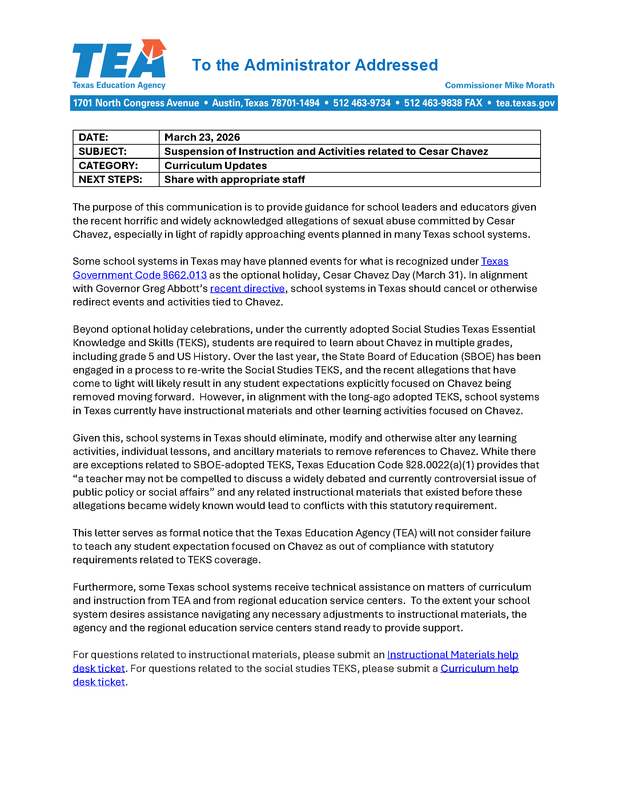 Suspension of Instruction and Activities related to Cesar Chavez