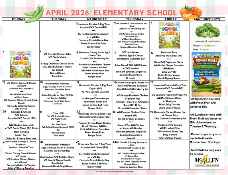 Elementary School Menu