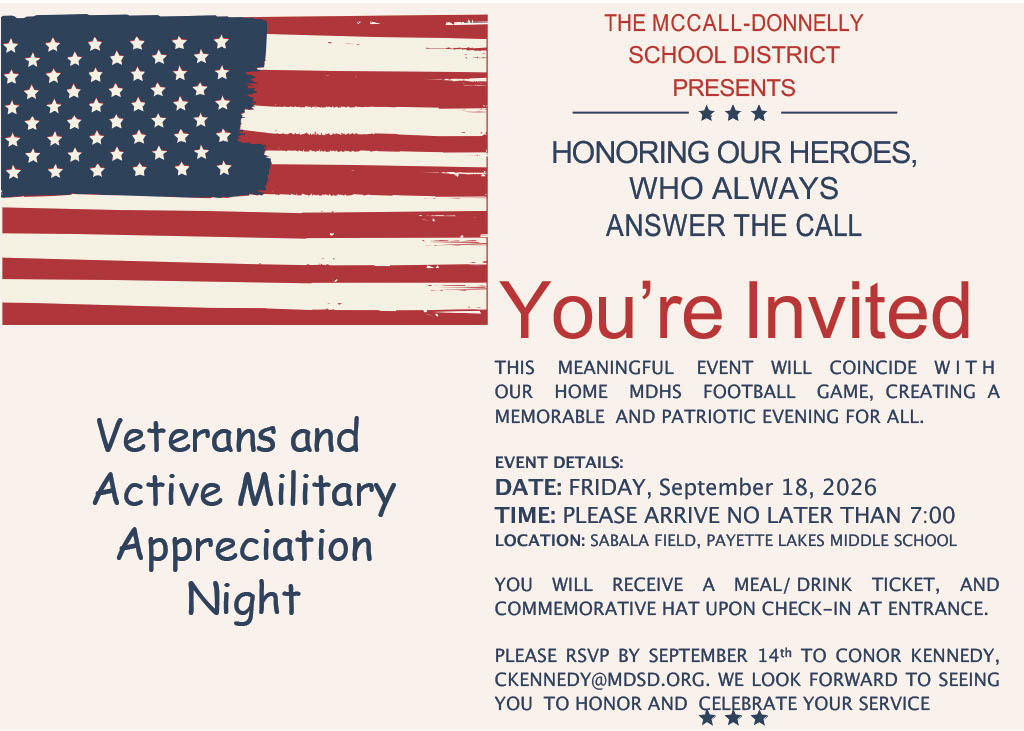 Veterans and Active Military Appreciation Night Sept. 18th, 7:00 Sabala Athletic Complex