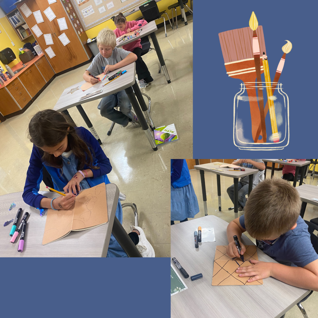 Elementary students designing sketchbook covers