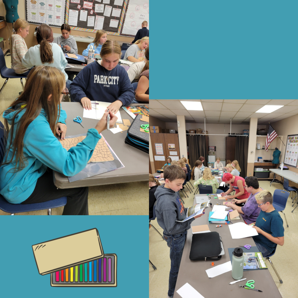 Junior high students designing sketchbook covers