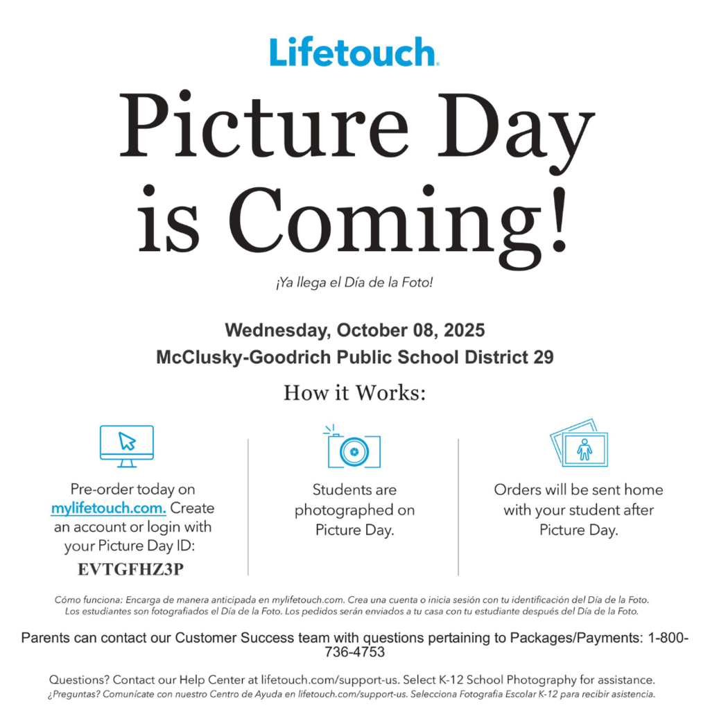 Lifetouch Picture Day is coming October 8th, 2025 at the elementary school