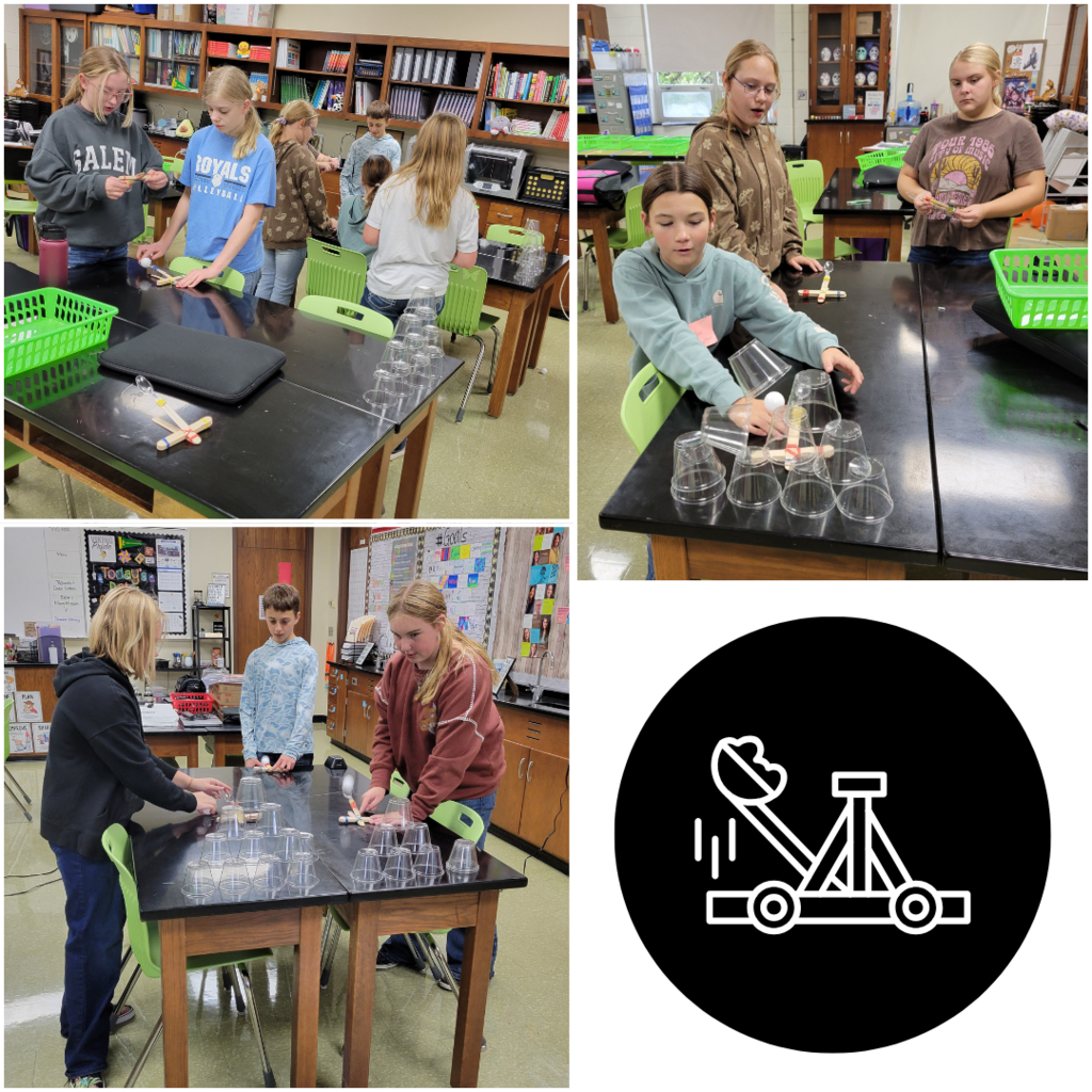 Junior high students testing catapults with ping pong balls and plastic cup pyramids
