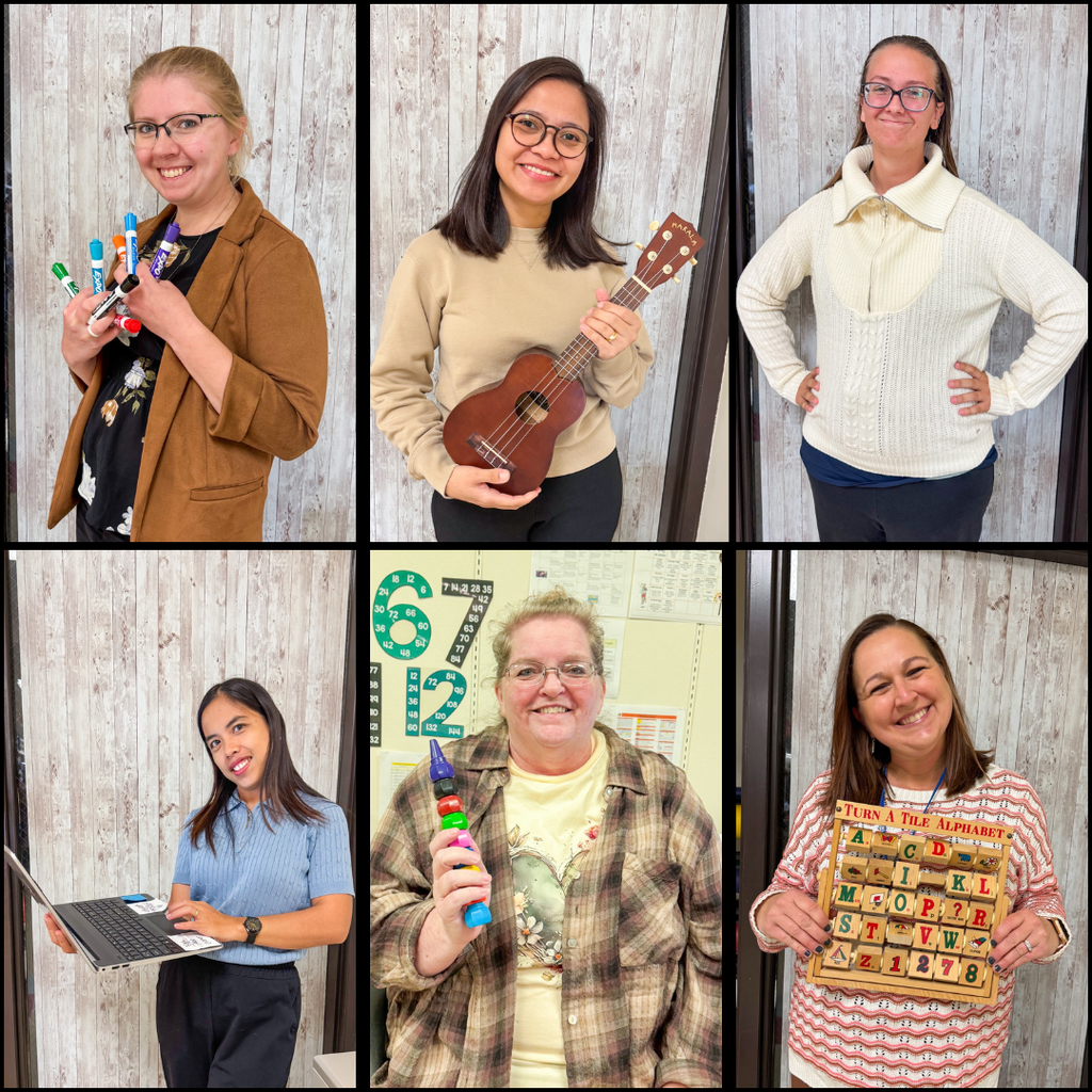 Teachers posing with random school items for picture day