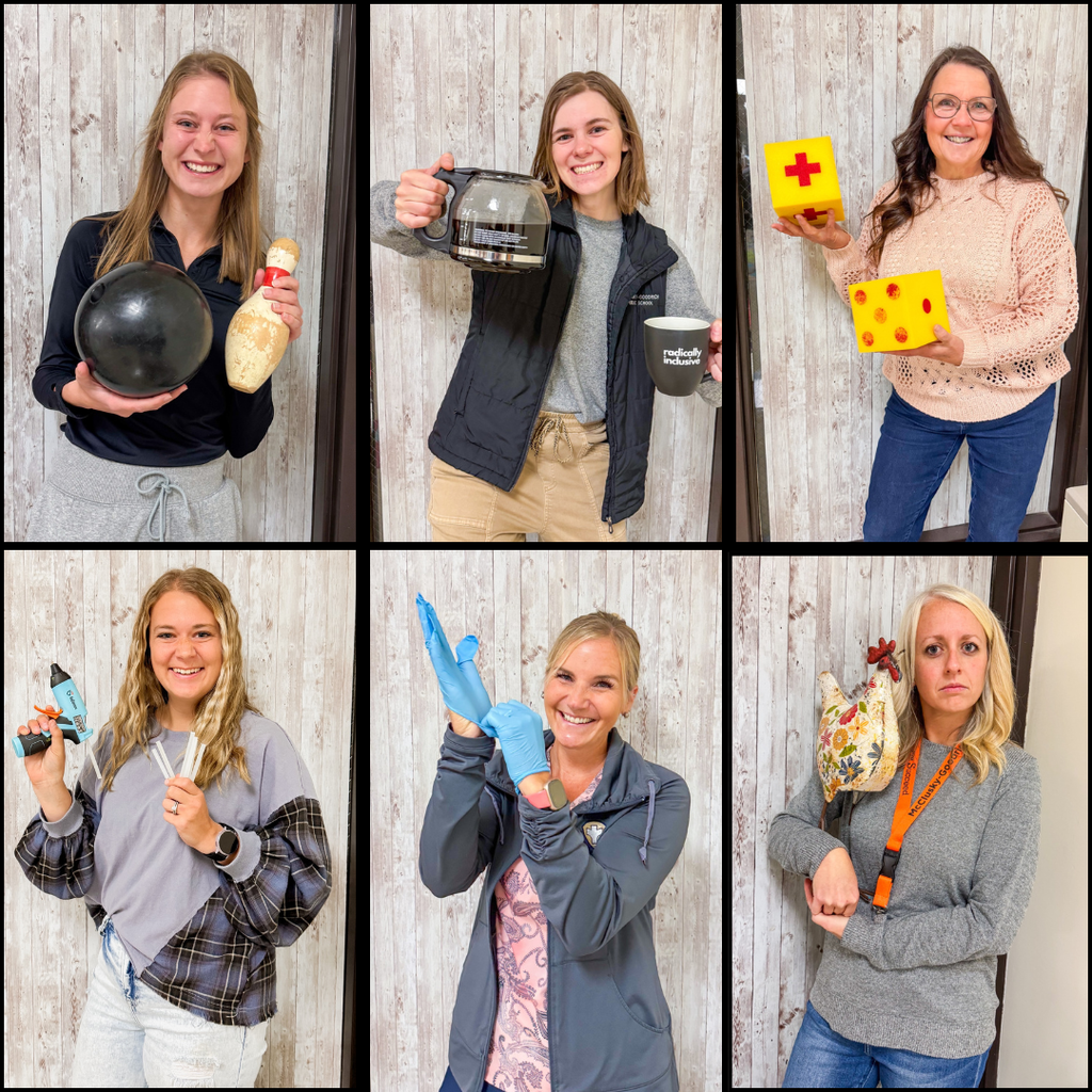 Teachers posing with random school items for picture day