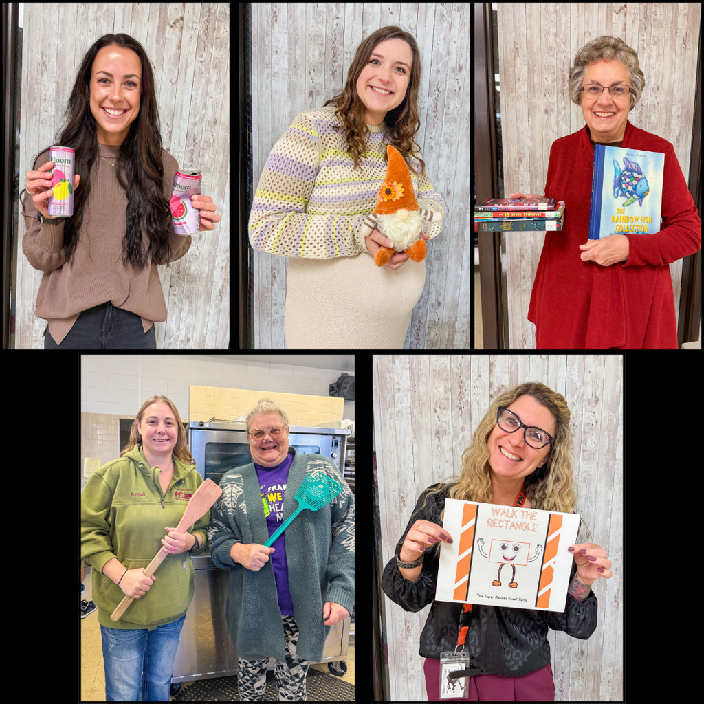 Teachers posing with random school items for picture day