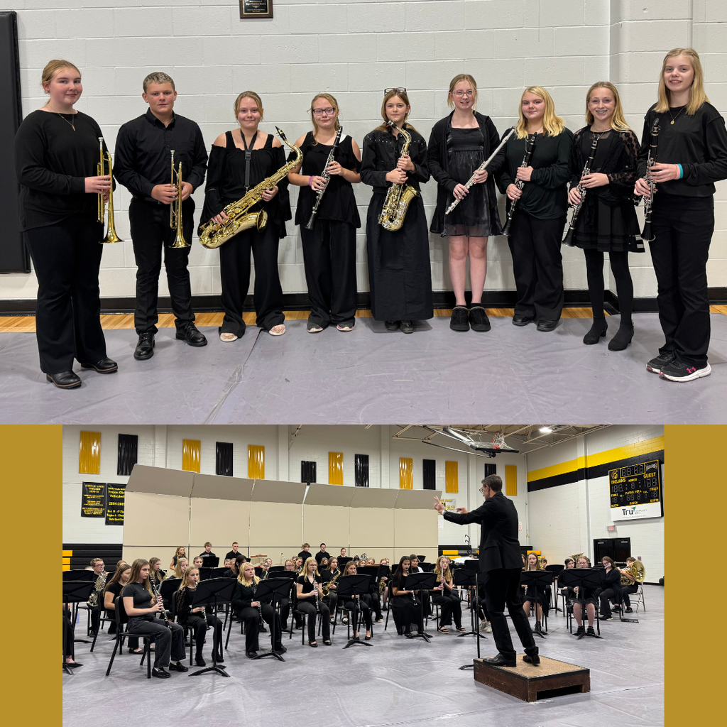 Junior high students posing with and playing their band instruments.