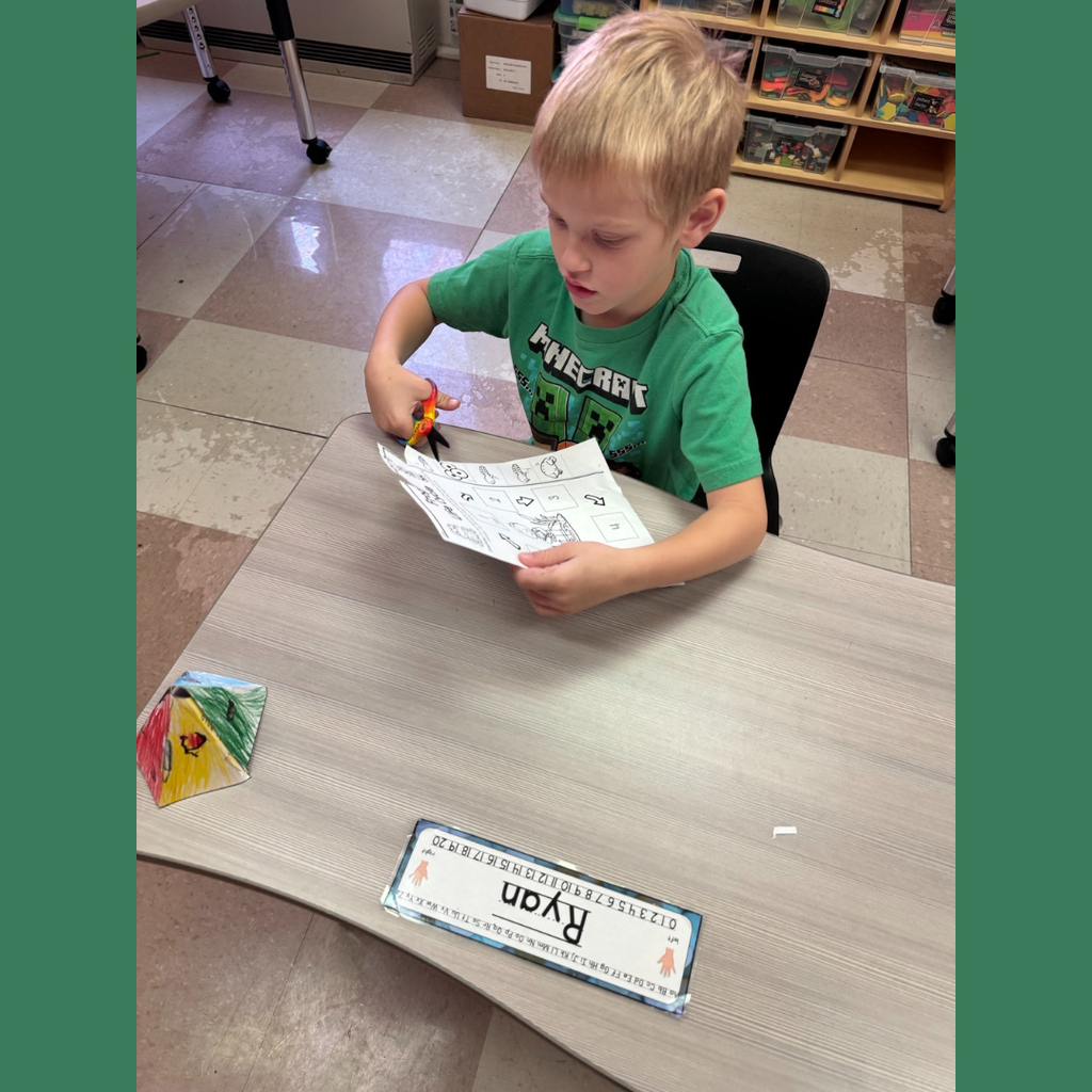 Kindergarten student placing life cycle of a frog stages on a piece of paper