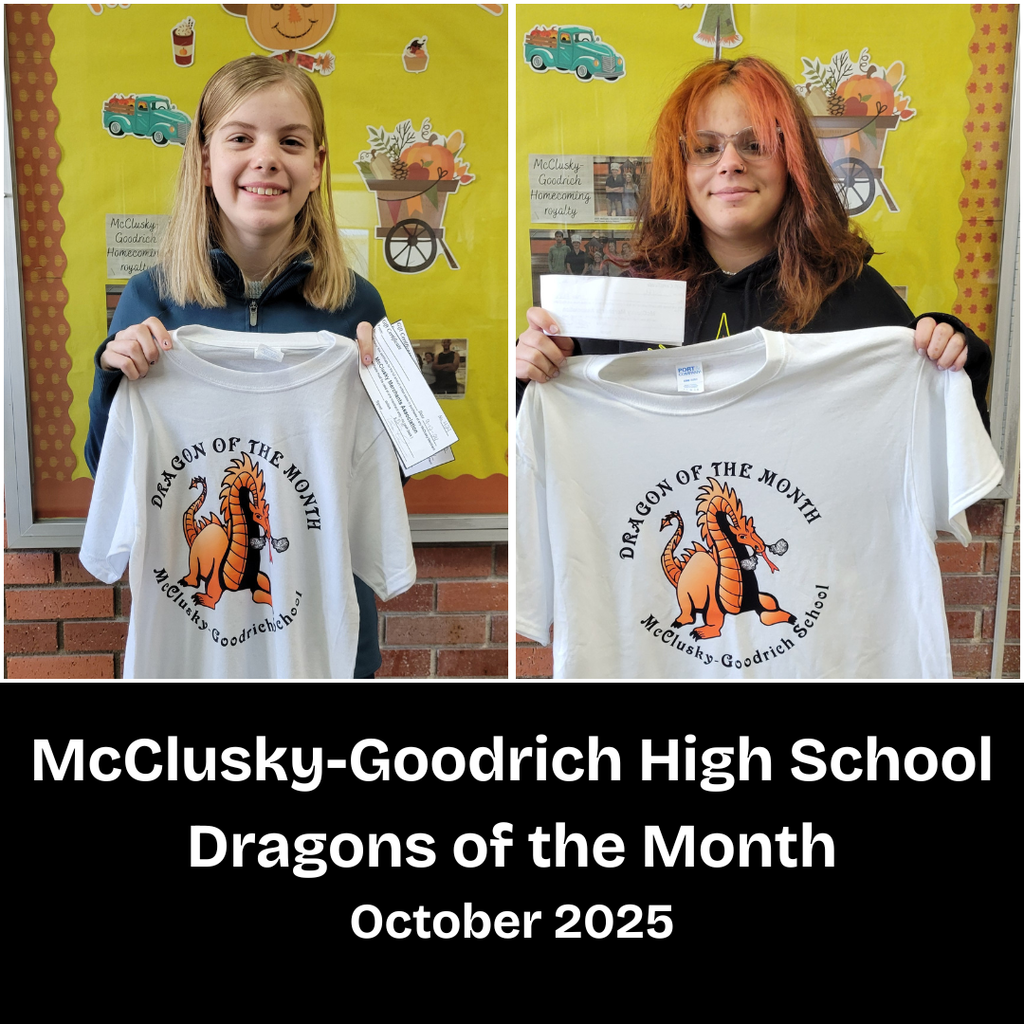 Two high school students holding Dragon of the Month t-shirts