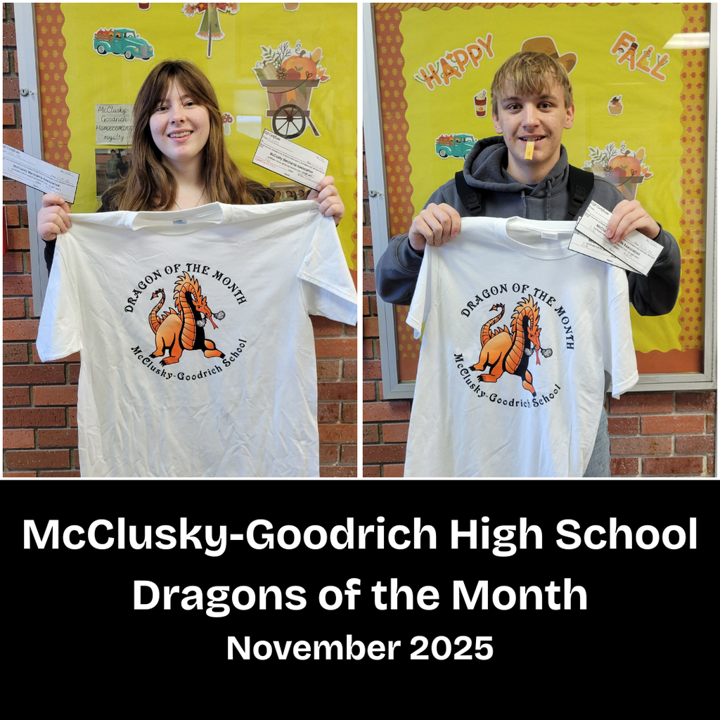 Two high school students posing with a Dragon of the Month T-shirt