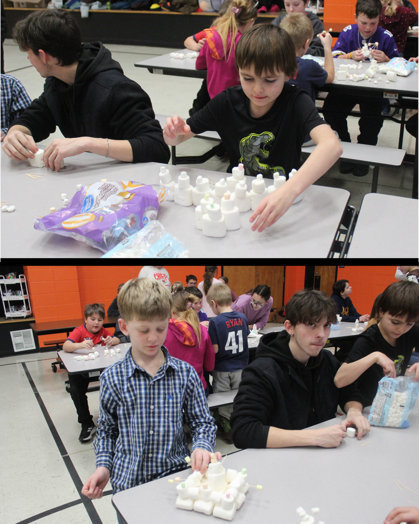 High school and elementary students building with marshmallows and toothpicks