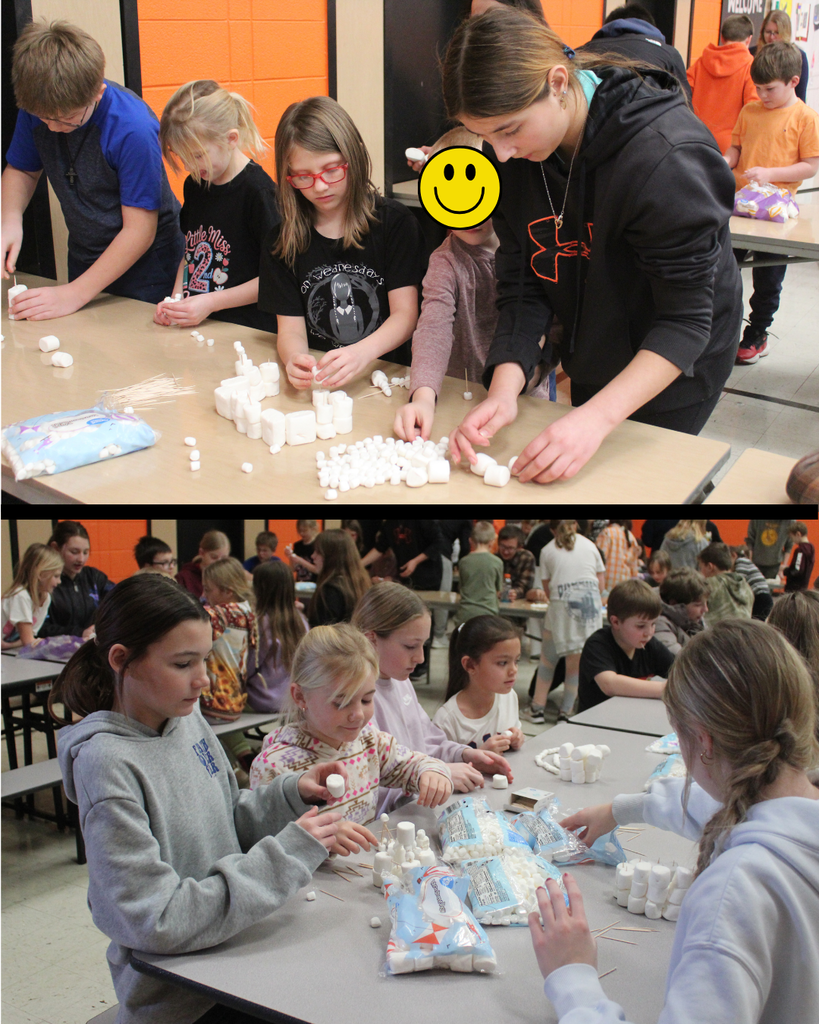 High school and elementary students building with marshmallows and toothpicks