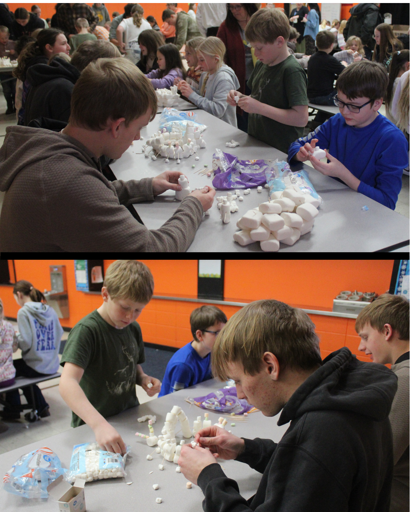 High school and elementary students building with marshmallows and toothpicks