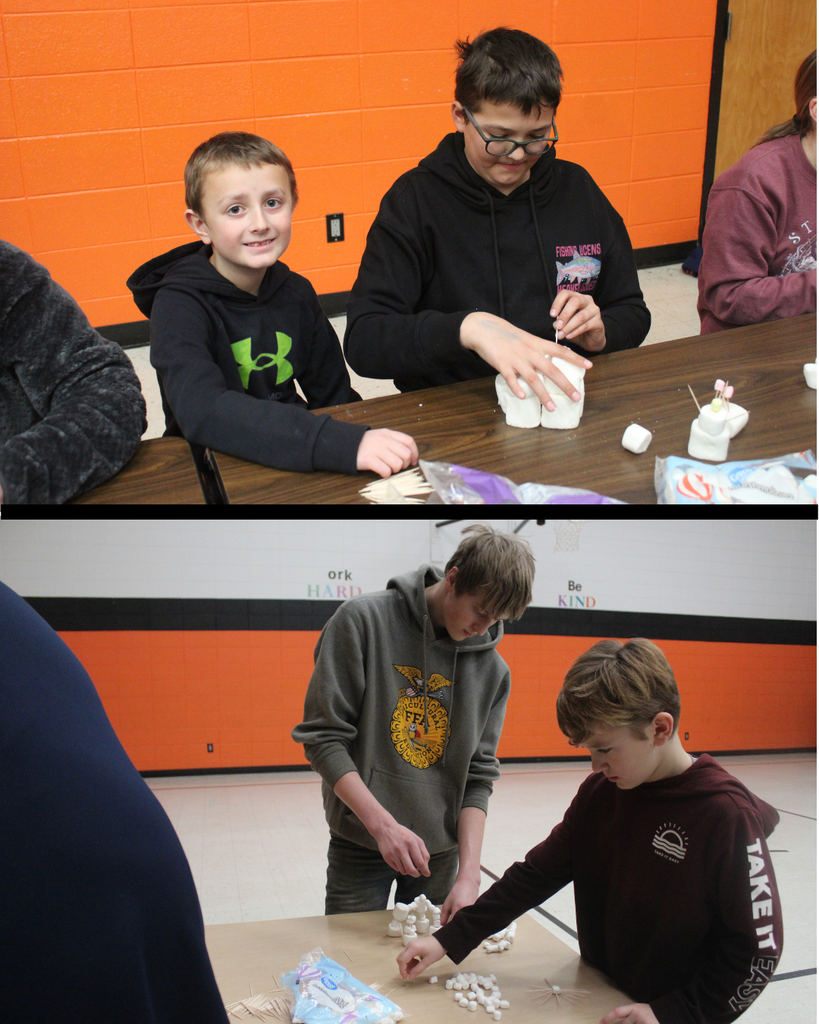 High school and elementary students building with marshmallows and toothpicks