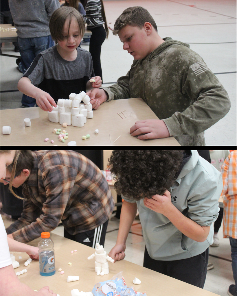 High school and elementary students building with marshmallows and toothpicks