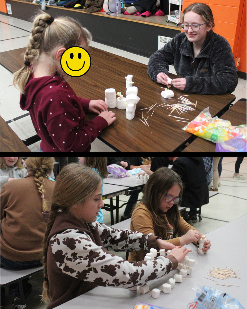 High school and elementary students building with marshmallows and toothpicks