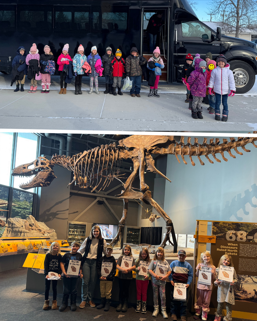 Lower elementary students posing in front of their bus, and in front of a dinosaur skeleton at a museum
