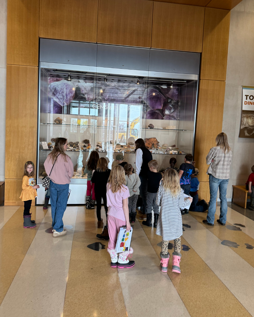 Lower elementary students looking at a museum display