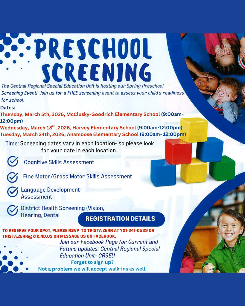 Free Preschool Screening on March 5th at the elementary school from 9am to noon.