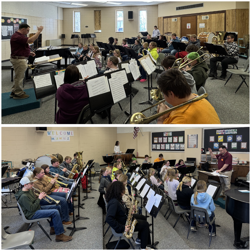 Photos of high school students playing instruments conducted by an adult teacher