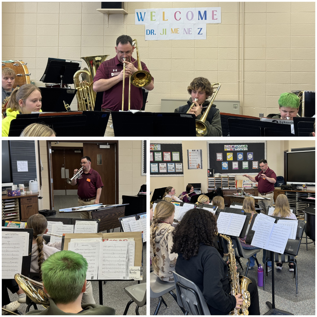 Photos of high school students playing instruments lead by an adult teacher