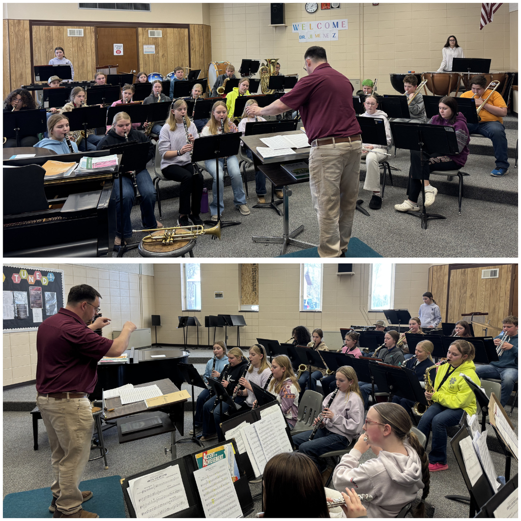 Photos of high school students playing instruments conducted by an adult teacher