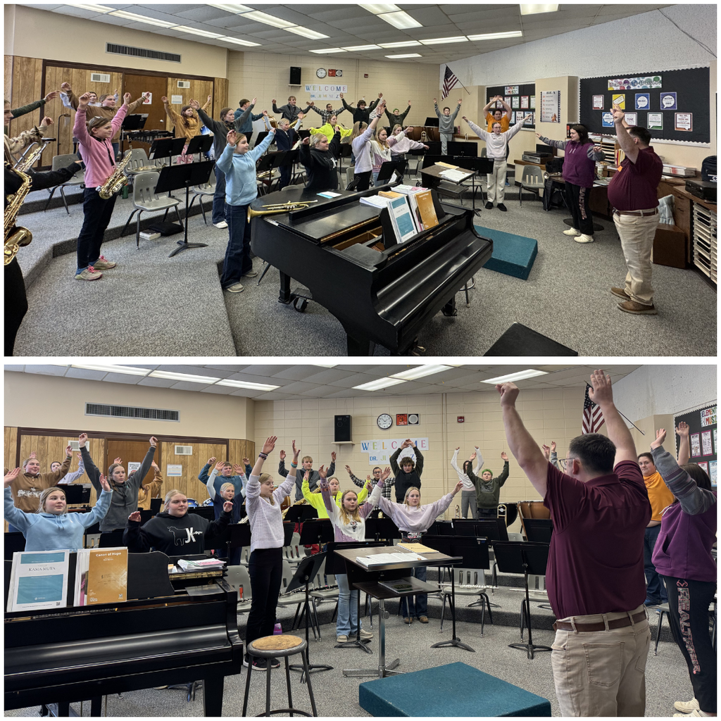Photos of high school students and their teacher with their arms stretched into the air