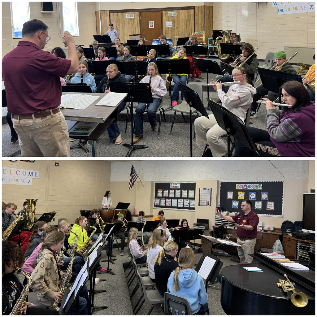 Photos of high school students playing instruments conducted by an adult teacher