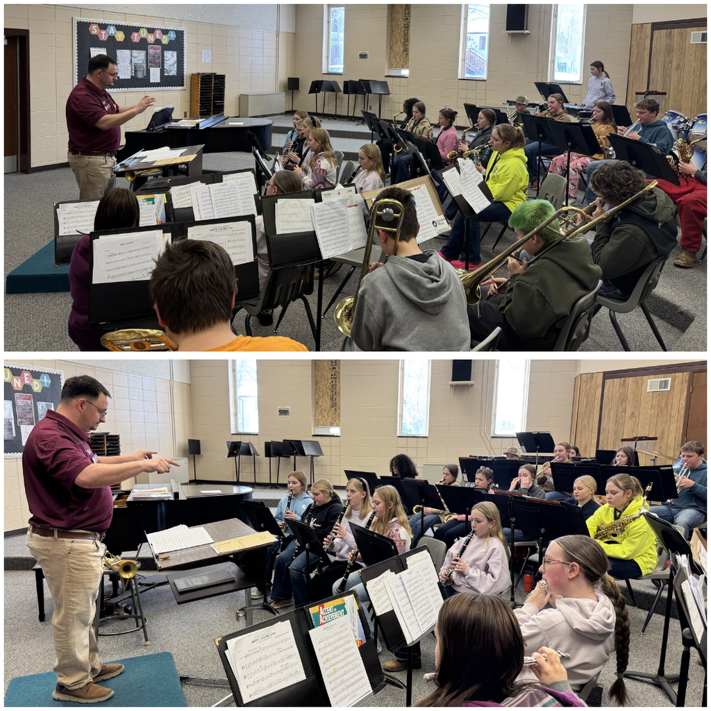 Photos of high school students playing instruments conducted by an adult teacher