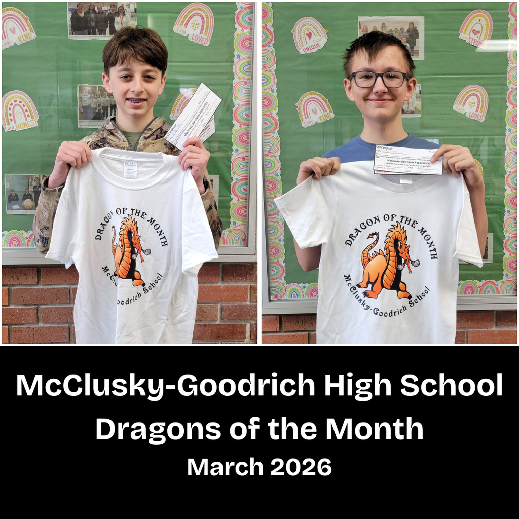 Two high school students holding Dragon of the Month t-shirts