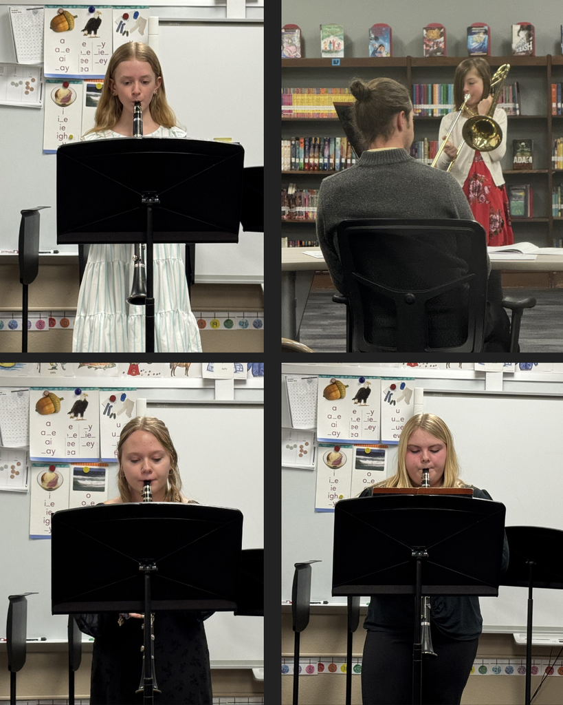 Four pictures of junior high and upper elementary students playing instruments (3 clarinets and 1 trombone).