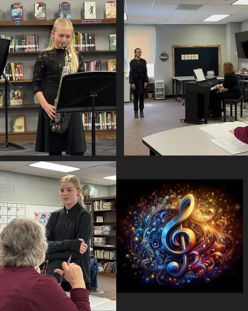 Three photos. One of a junior high student playing an alto clarinet, another with a junior high student singing with a pianist, and the last with a junior high student listening to a music coach.