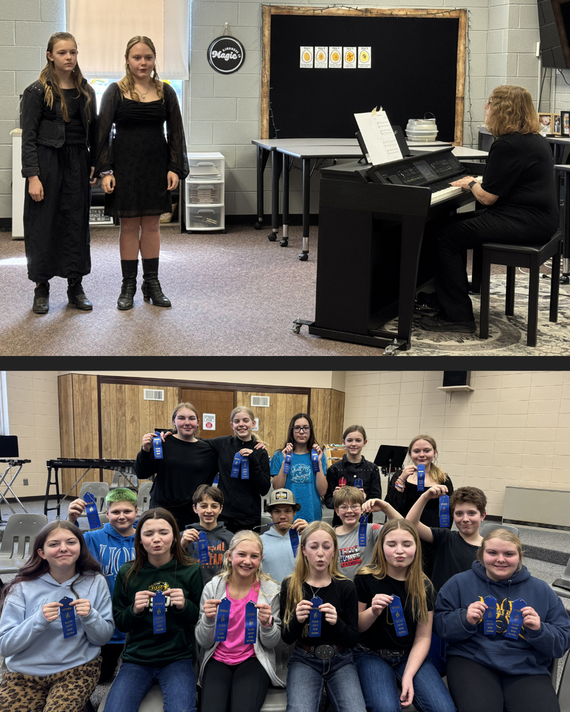 Two photos: one of two junior high students singing with a pianist, the other of a group of junior high students posing with blue ribbons.