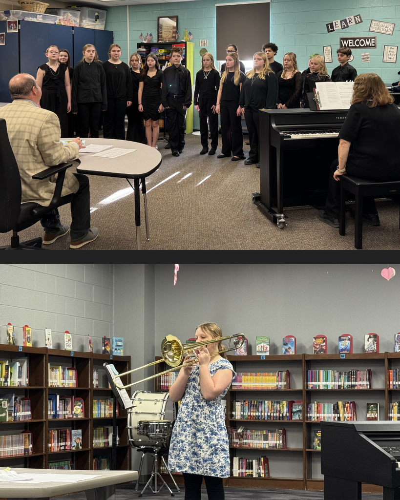 Junior high choir listening to a music coach. An older elementary student playing the trombone.