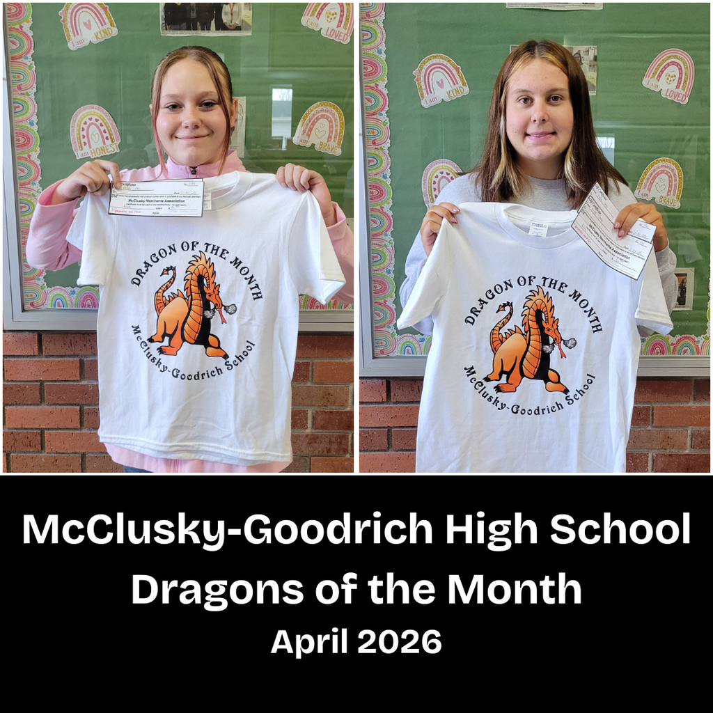 Two high school students holding Dragon of the Month t-shirts