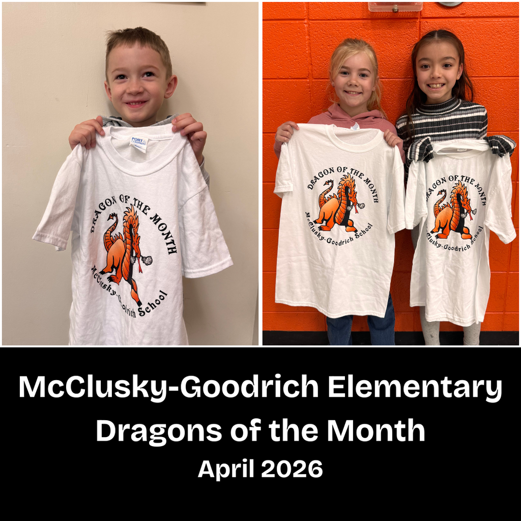 Three elementary students holding Dragon of the Month t-shirts