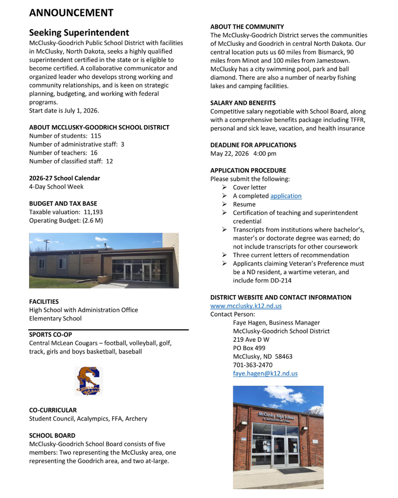 Details for McClusky-Goodrich School Superintendent