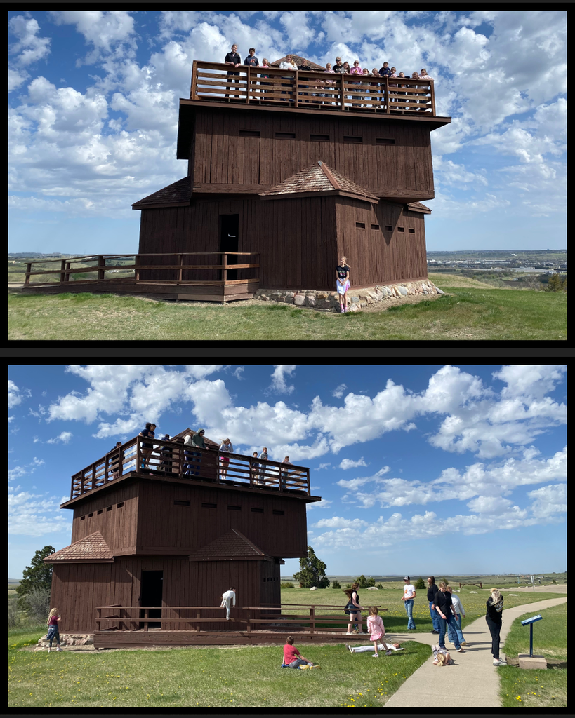 Students standing at the top of the Fort Abraham Lincoln State Park blockhouses