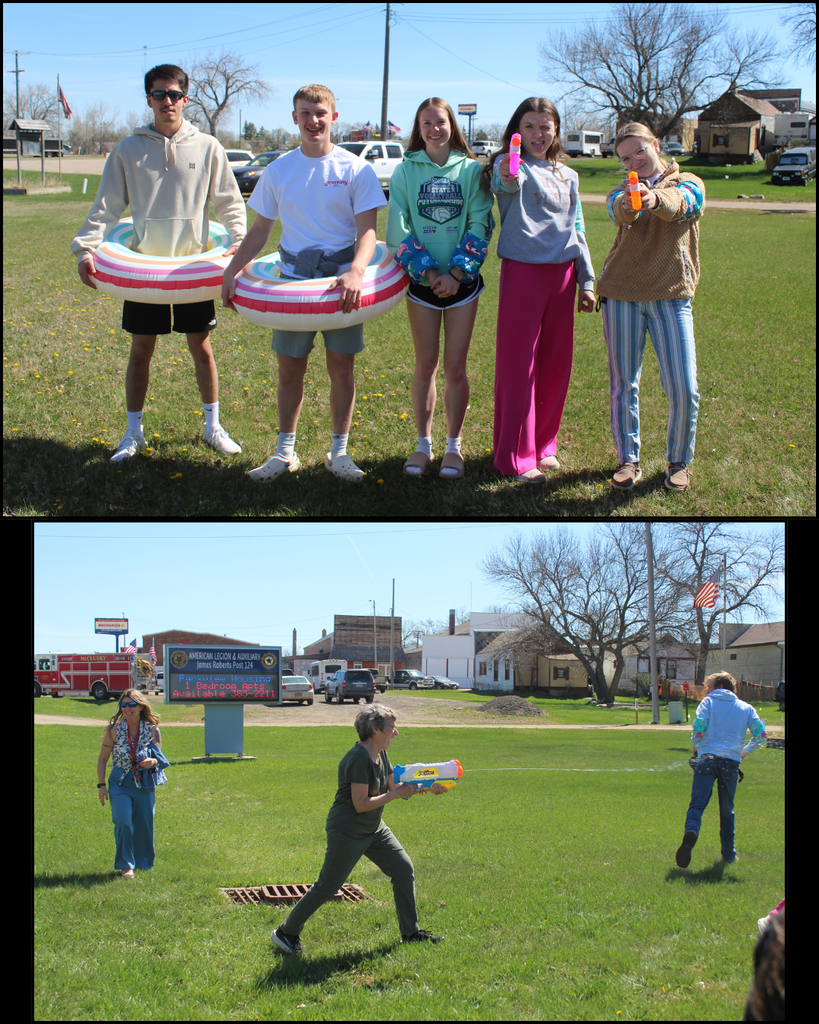 Senior students wearing arm floaties and innertubes, and a photo of a woman spaying a high school student with a squirt gun