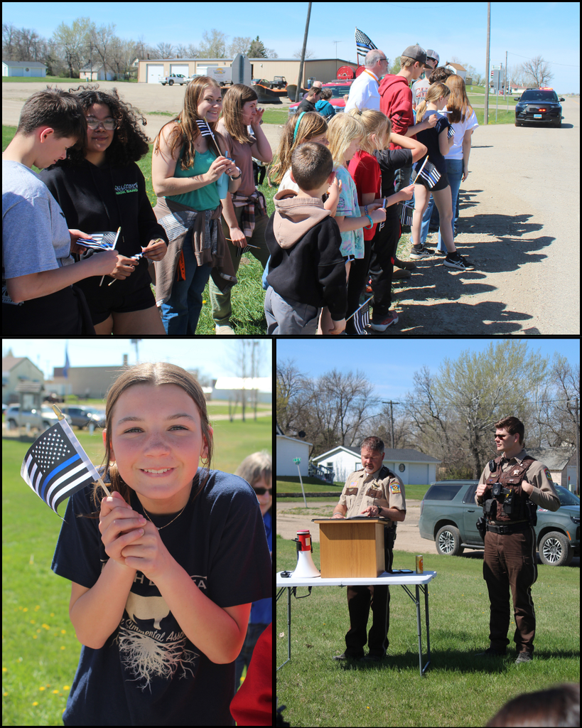 Students standing along a highway with blue line flags, a junior high girl holding a blue line flag, and a photo of two county sheriffs