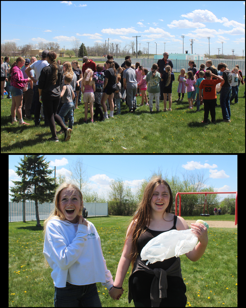 A gathering of high school and elementary students in the park, and a photo of two junior high girls laughing in the park
