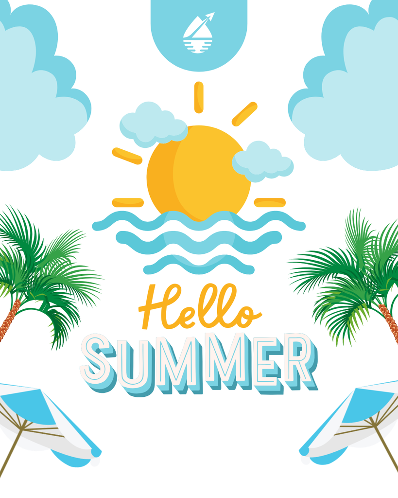 A beach scene with palm trees with the wording "Hello Summer" in the center