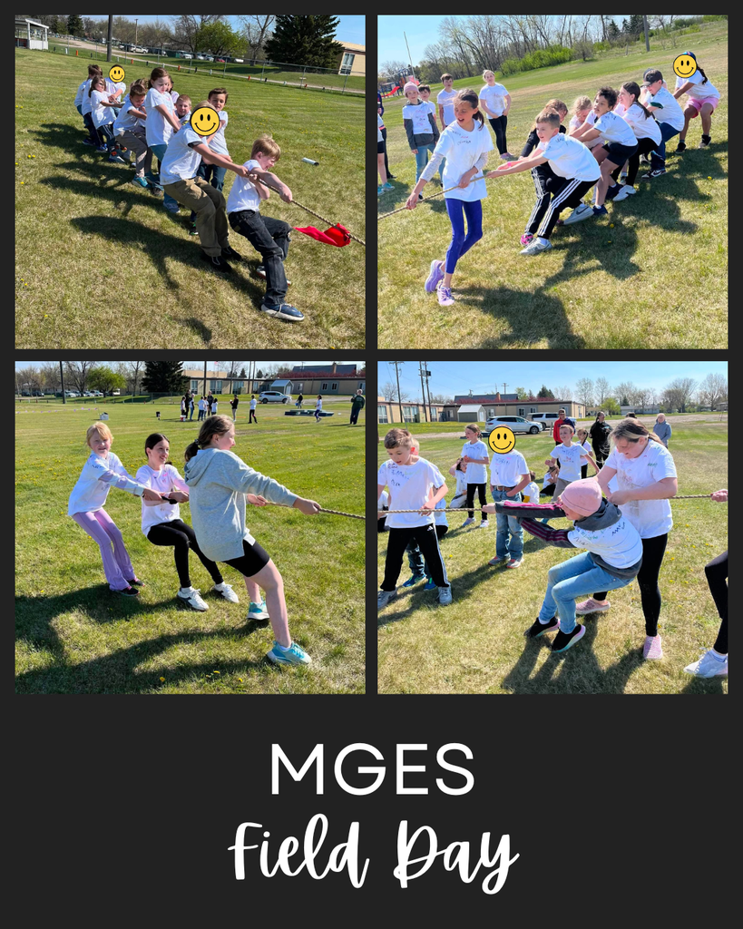 Photos of elementary students outside playing tug-of-war