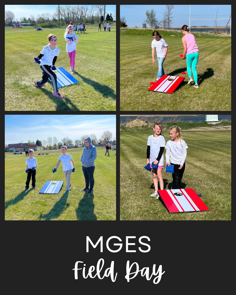 Photos of elementary students outside playing cornhole