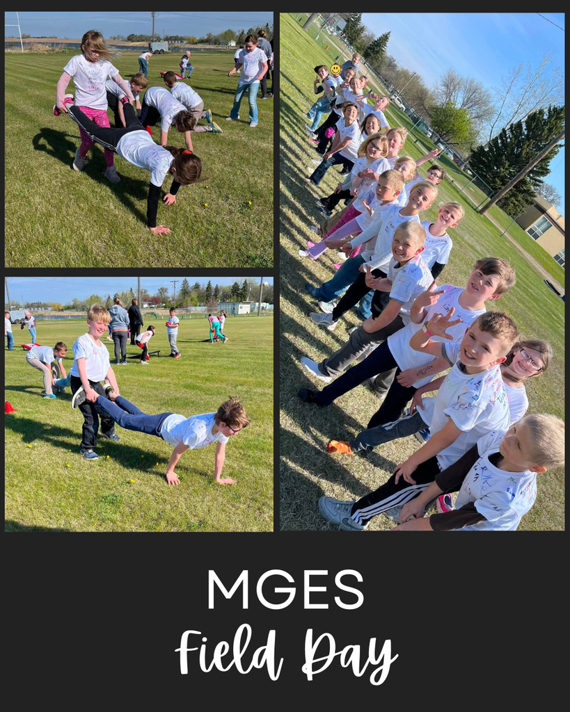 Photos of elementary students outside doing the wheelbarrow and lining up for a race