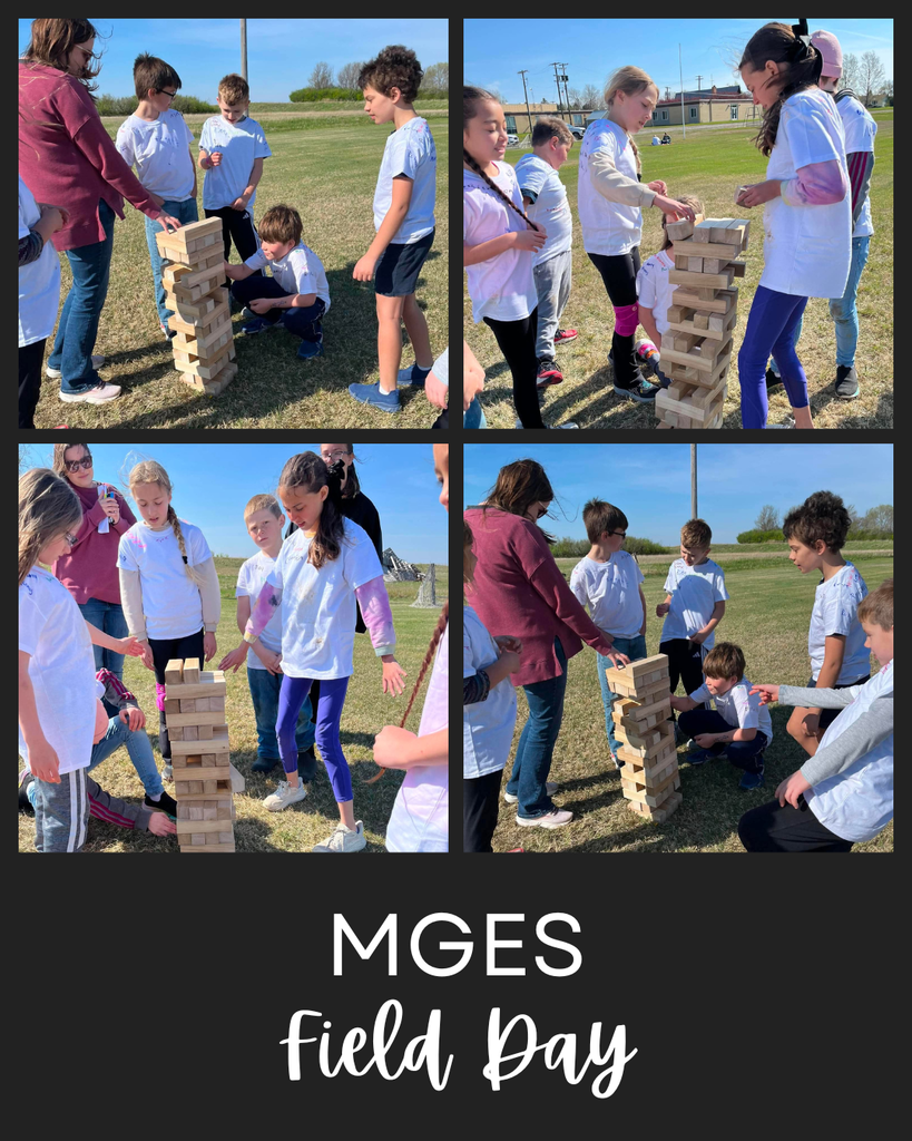 Photos of elementary students outside playing giant Jenga