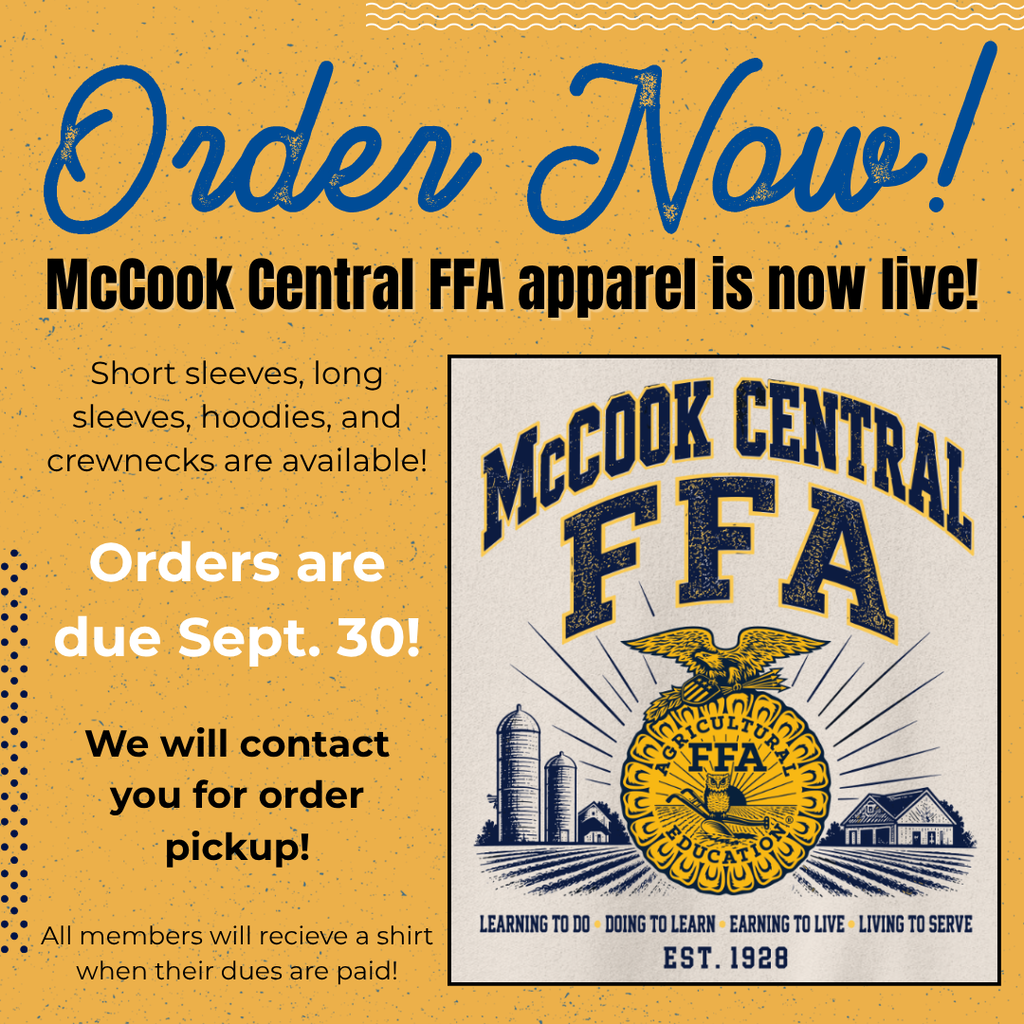 Visual showing order information for McCook Central FFA apparel.