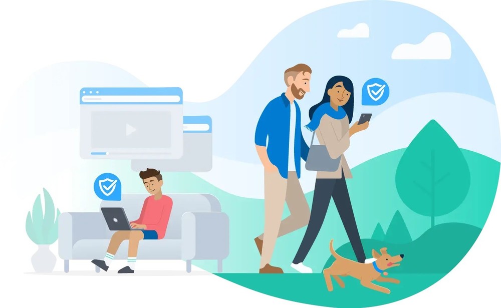 Parents on a walk with a dog while student is at home on a device