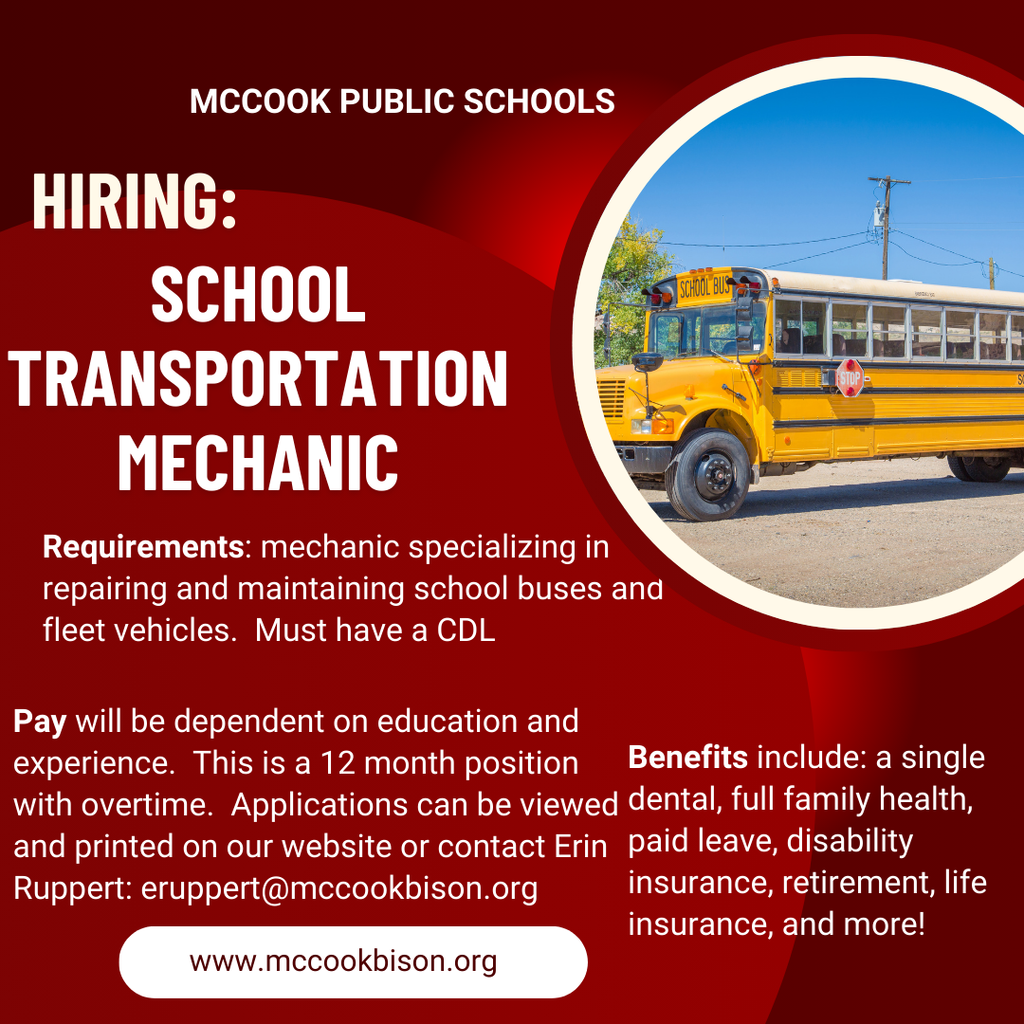 We are hiring!  Applications can be viewed and printed here: https://drive.google.com/.../1KojE014qNyq32bgpglU.../view... then emailed to Erin Ruppert (eruppert@mccookbison.org) or dropped off at the Superintendent's office.